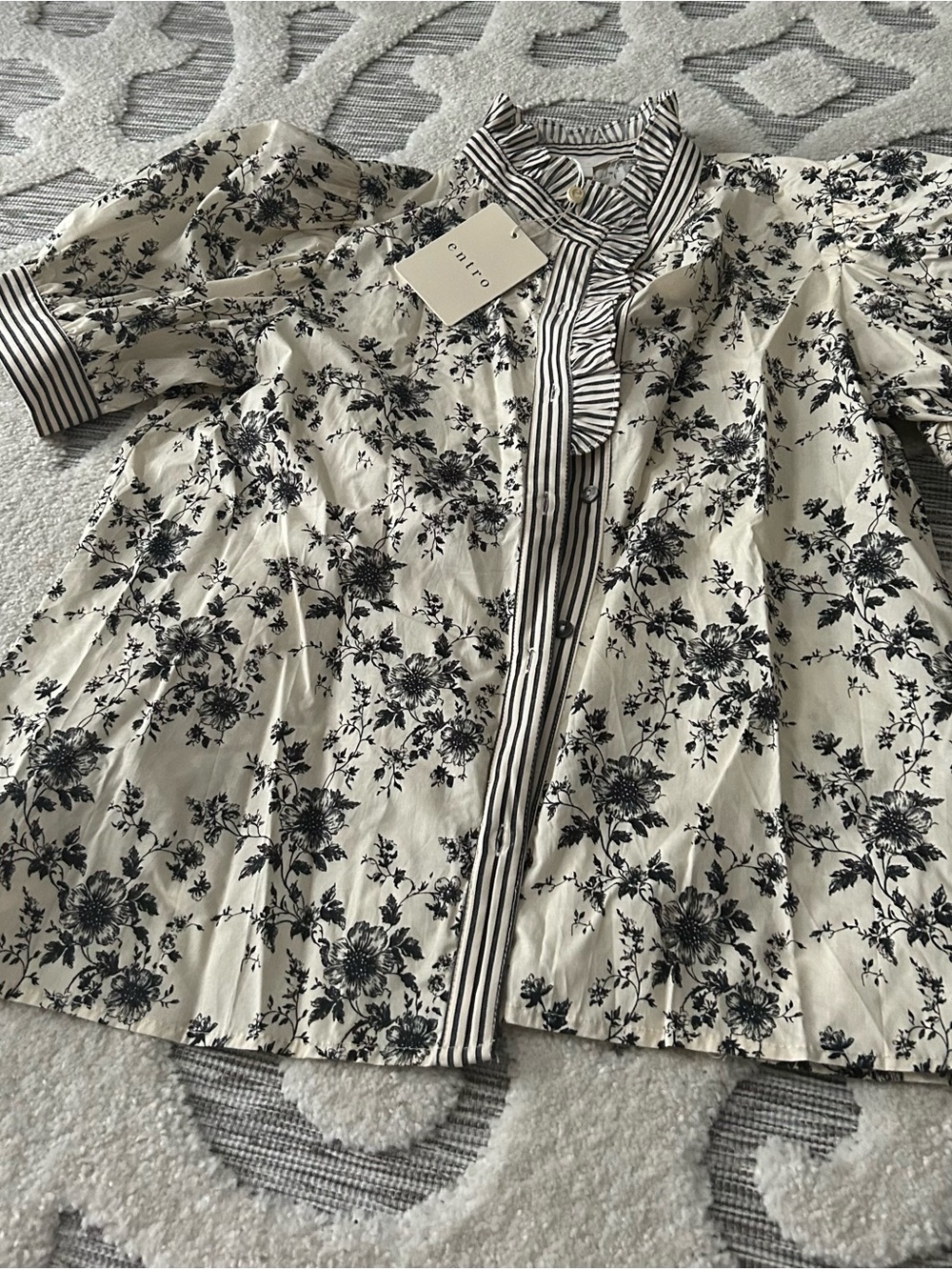 entro Cream Blouse with Black Floral Print and Striped Trim